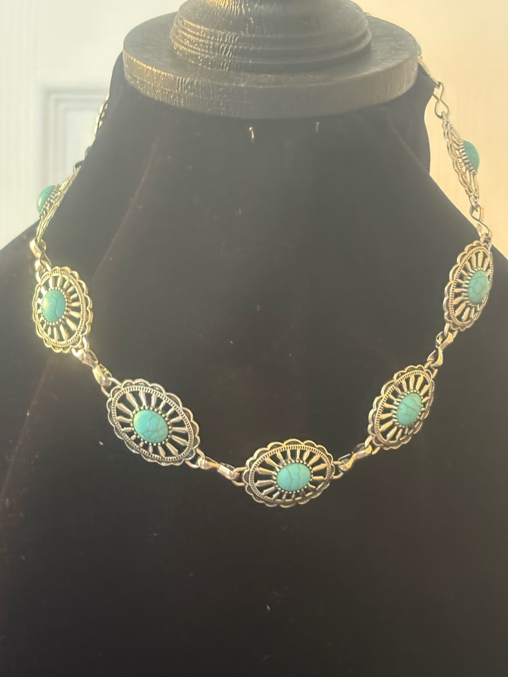Turquoise Stone Silver-Tone Floral Link Necklace - Women Jewelry